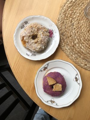 Cardamom hazelnut (left) and blueberry pie (right) donuts  at Round & Square in Helsinki