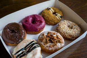 Six different yummy flavors. Donuts are handmade and fresh patch delivered every morning!  at Round & Square in Helsinki