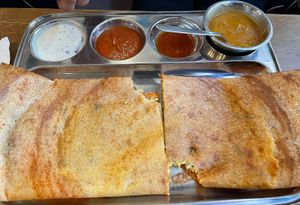 Mysore Masala Dosa with Coconut Chutney, Tomato Chutney, Molgapodi Chutney and Sambhar at Rangji Masala Dosa in Krakow