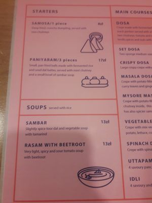 Starters and soups at Rangji Masala Dosa in Krakow