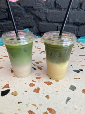 Iced matcha with soy milk and a “dirty” iced matcha with a shot of espresso and some vanilla soy milk  at WOOOW Matcha in Belgrade