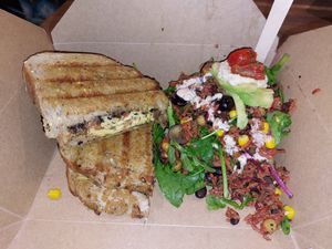 Cheese jerk chic*en tomoto tostie with rice salad 🥗 at Cosy Jazz Cafe in Blackpool