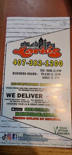Menu at Mario's Pizza in Orlando