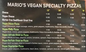 Vegan menu specialty pizzas  at Mario's Pizza in Orlando