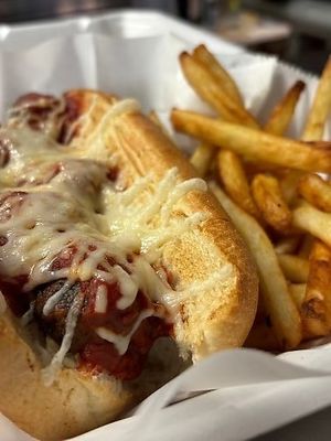 Vegan Meatball Sub + Fries at Mario's Pizza in Orlando