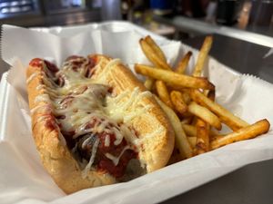 Vegan Meatball Sub + Fries at Mario's Pizza in Orlando