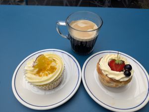 Orange cupcake, Portuguese tart and Portuguese style Americano at The Green Kitchen in Newport