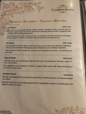 Menu at Golden India in Grindelwald