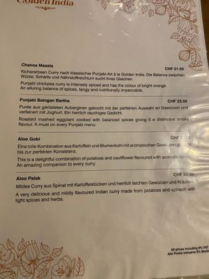 Menu at Golden India in Grindelwald