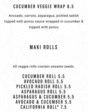Many vegan sushi roll options. They will even make a vegan sushi party boat made to order w/ many options  at Yagi Sushi and Hibachi in Pawleys Island