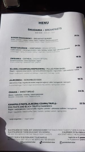 Breakfast menu at Pomelo Bistro Bar in Gdansk