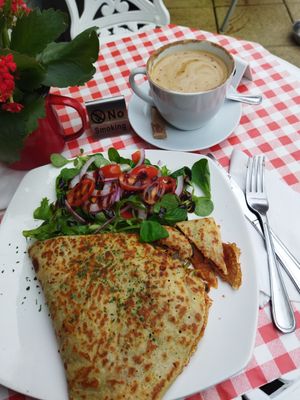 Vegan savoury crepe + oat milk capucchino at The Cottage in Londonderry