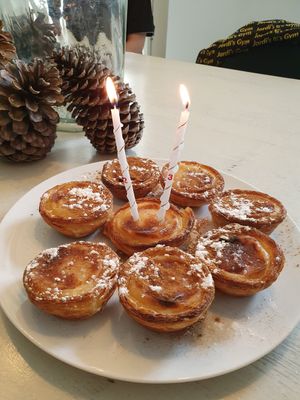 Birthday pastel de nata :) at Vegan Nata - Chiado in Lisbon
