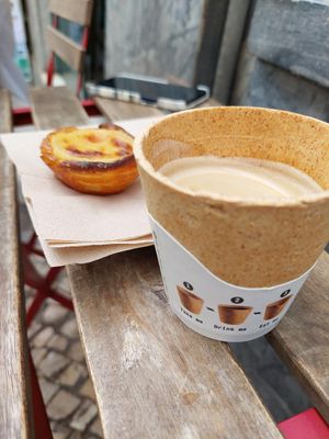 Pasteis de Nata with edible cup of coffee at Vegan Nata - Chiado in Lisbon