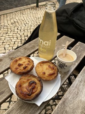 3 x nata, kombucha and espresso  at Vegan Nata - Chiado in Lisbon