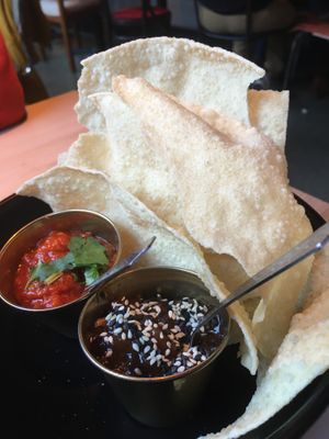 chickpea crisps with dips  at HANNO Groots Café in Delft