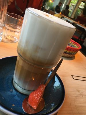 latte macchiato with oatmilk  at HANNO Groots Café in Delft