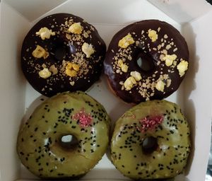 Maple popcorn chocolate and matcha at La Beignerie in Montreal