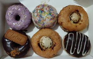 Blueberry, jam, crème brûlée, caramel, crème brûlée and Boston cream at La Beignerie in Montreal