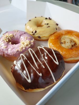 Front Sankt Dennis, left Blueberry, right cream brulee and Passion fruit behind at La Beignerie in Montreal