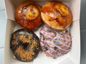 Cookie butter, 2 creme brulee and a blueberry fritter at La Beignerie in Montreal