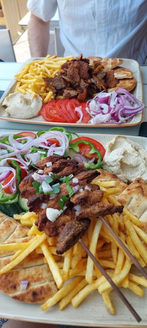 Vegan Souvlaki (asked for more salad than fries) at Alkionis Sports Bar & Grill in Rhodes