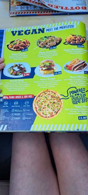 🙏 Pray Yes 😁 (corner of the vegan menu) at Alkionis Sports Bar & Grill in Rhodes