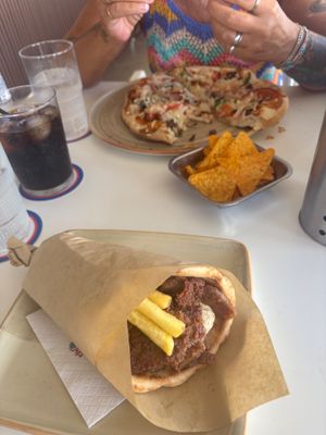 Vegan pitta gyros and vegan pizza  at Alkionis Sports Bar & Grill in Rhodes