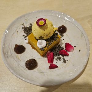 Carrot cake & ice cream with vanilla, cardamon & orange blossom, coconut whipped cream, orange gel and sesame crunch (private dining) at GreenWoods - 綠野林 in Kowloon