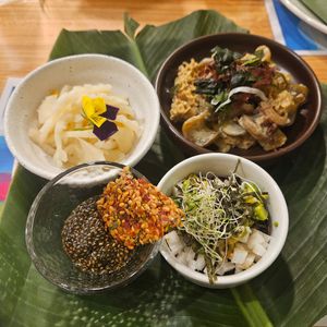 Raw Vegan Caviar Sauce with Flax Cracker, Raw Five Elements Natto, Plum Jade Bitter Melon,  Raw Satay Sauce with Assorted SeaVegetables (private dining) at GreenWoods - 綠野林 in Kowloon