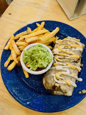 Burrito and fries   at Veganos La Taqueria in San Cristobal De Las Casas