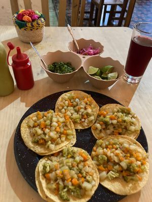 Tacos with roasted veggies at Veganos La Taqueria in San Cristobal De Las Casas