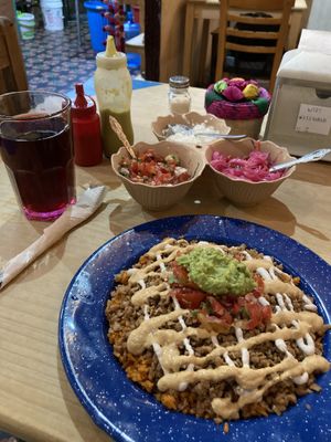 Arroz con bistec vegano y jamaica  at Veganos La Taqueria in San Cristobal De Las Casas