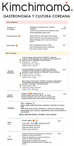 I hope it's readable. I've made a non official vegan menu on paintbrush 😬 please confirm what's actually vegan before ordering - oct/2022 at KimchiMama in Barcelona