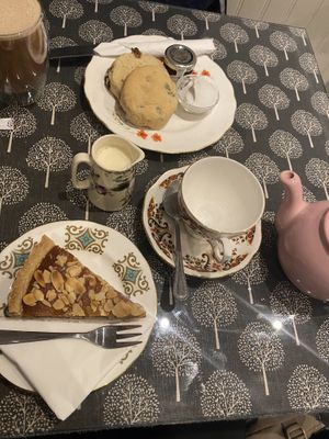 Vegan Bakewell tart and vegan fruit scones with jam and coconut cream  at The Lavender Tea Rooms in Bakewell