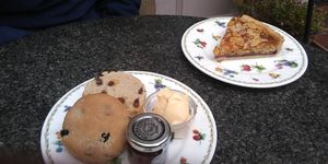 Vegan scone, with vegan spread and vegan Bakewell tart at The Lavender Tea Rooms in Bakewell