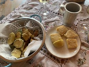 Fried vegetables and vegan saganaki cheese  at Raeti in Crete