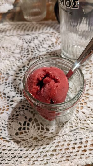 Raspberry sorbet at Raeti in Crete