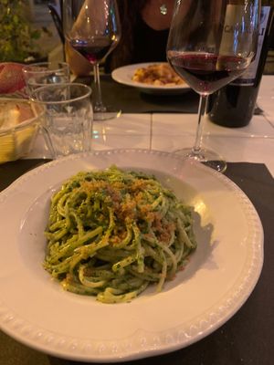 Linguine with pistachio and ruccola pesto at Trattoria Due Piccioni in Stresa
