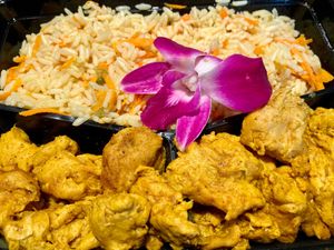 Vegan Curry “Chicken” and Channa with Veggie Rice; very tender, delicious, mildly spicy at Coco Breeze in Oakland