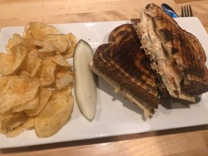 Tofu Reuban. Tofu was a bit sweet, but we ate the whole thing! at Guardian Brewing Company in Saugatuck