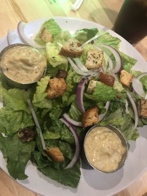 Caesar salad made vegan. Dressing was FABULOUS! at Guardian Brewing Company in Saugatuck
