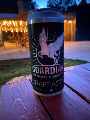 A crowler of one of the many vegan friendly beers they carry. at Guardian Brewing Company in Saugatuck