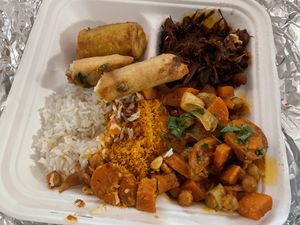 Veg curry, spring roll, fried banana, jackfruit at Bla Bla in Groningen