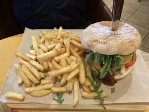 Jalapeño burger and fries  at Cafe Del Sol in Moenchengladbach