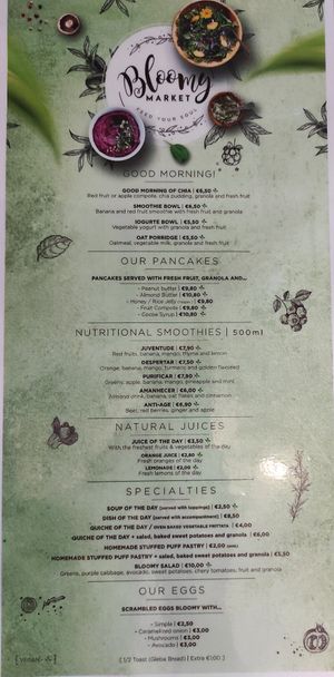 Menu at Bloomy Market in Setubal