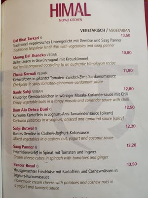 Menu at Himal in Innsbruck
