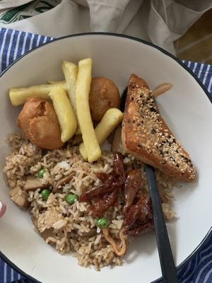 prawn toast, chips, chicken balls, fried rice with duck, and crispy beef (ALL VEGAN!!!!)  at In Cafe & Restaurant in Cardiff