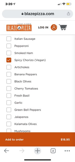 Vegan Chorizo option at Blaze Pizza in Trinity