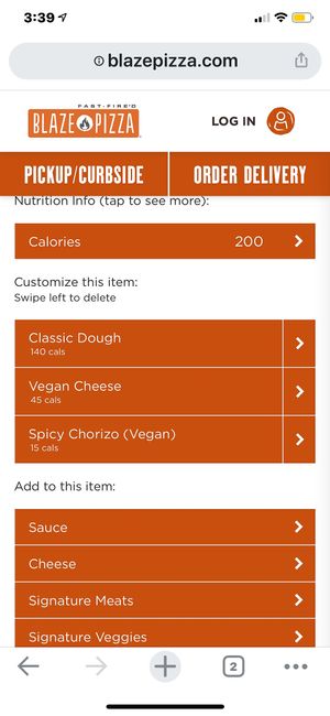 Calories clearly listed 😀 at Blaze Pizza in Trinity